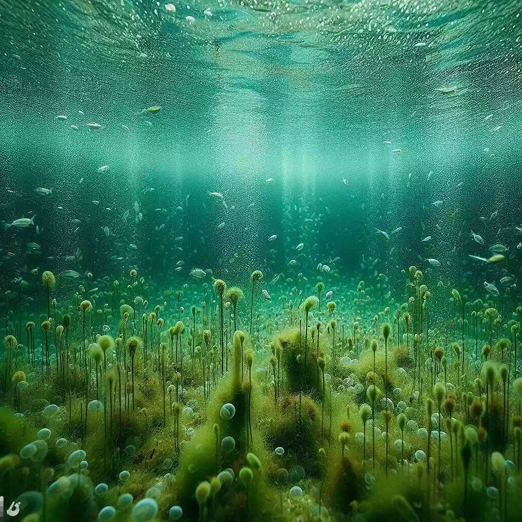 Pictures of green algae growing in swimming pool